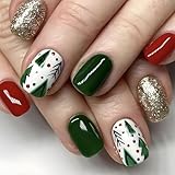 Auiremrti 24 Stück Kurzes Quadrat Weihnachten Künstliche Nägel Set,Grün Und Rot Christmas Kurz Press on Nails,Einfach Für DIY Nagelkunst Zu Hause,Nailart-Zubehör