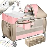 KIDIZ® Babybett 3 in 1 Reisebett Kombi Set Baby Bett mit Wickelauflage Moskitonetz Laufstall Baby ab Geburt bis 15 kg luftige Seitenwände mit Seiteneingang Tragetasche zusammenklappbar, Rosa/Beige