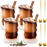 weiclianhp Latte Macchiato Gläser 4er Set, 400ML Cappuccino Gläser mit Löffeln und Untersetzern Doppelwandige Gläser Cappuccino Spiralförmig kaffeegläser, Latte, Tee, EIS, Iced Americano, Saft