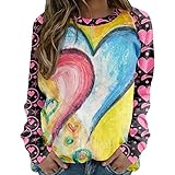 SHZFGUI Pullover Weiblich Sportlicher Blusentops Baumwoll Langärmliges Schöne Taillier Pullover Frauen Rundhals Herbst Weich Herzen Gelb