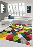 Teppich-Traum Moderner Teppich Wohnzimmer abstraktes Design buntes Rautenmuster grün gelb orange bunt - pflegeleicht Größe 160x230 cm