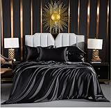 Luofanfei Satin Bettwäsche Schwarz 135x200 Glänzend Einfarbig Bettbezug Set Seide Glatt Luxus Bettwäsche Set Glanzsatin Polyester Einzelbett mit Reissverschluss und Kissenbezug 80x80 cm