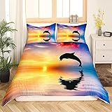 Loussiesd Meeresoberfläche Delfin Bettwäsche Set 135x200cm Abstrakt Tier Bettbezug Pastell Bunt Sonnenuntergang Bettwäsche für Kinder Mädchen Teenager Mikrofaser Betten Set mit 1 Kissenbezügen