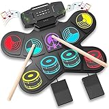 E Drum Set, Uverbon Elektronisches Schlagzeug Kinder Farbtrommelset mit USB-Aufladung Bluetooth MIDI Eingebaute Lautsprecher Roll Up Drum Kit für Kinder, Weihnachts und Geburtstagsgeschenk