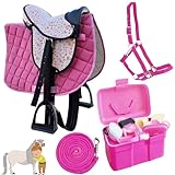 My Sweet Pony® Kinder Shettysattel-Set Pink Flower + Halfter + Führstrick + Putzbox | Sattel für Pony Shetty und Holzpferd | Inkl. 7-teiligem Pflege-Set | Ideal für erste Reitversuche