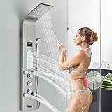 Duschpaneel-Turmsystem aus Edelstahl, LED, regenfest, mit Wasserfall-Massagestrahl-Sprühgerät, gebürstetes Nickel 8025