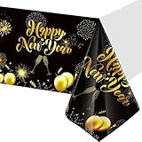 Happy New Year Tischdecken, Silvester Tischdecke, Schwarz & Gold Happy New Year Tischdecke 2025, Rechteckig Tischtuch Geeignet Für Neujahr Silvester Tischdeko, Silvester Kunststoff-Tischdecken