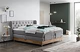 Belanoti EON Boxspringbett 160x200 elektrisch verstellbar 7-Zonen Taschenfederkern Matratze inkl Visco Topper Bett 160x200 mit Motor in der Farbe Hellgrau H2/H3 Polsterbett Motorbett mit Massivholz