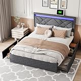 HNOUER Polsterbett 160x200cm, Doppelbett mit verstellbarem Kopfteil, Bettkasten mit LED-Lichtleiste, Funktionsbett mit Massivholzlattenrost, 4 Schubladen unter dem Bett (160x200cm)