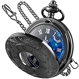 Tiong Vintage Taschenuhr mit Kette Einzigartiges blaues Sternzifferblatt Quarz Taschenuhr Vatertag Geburtstag