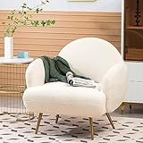 AISALL Sessel Moderner Loungesessel Einzel Loungesofa Lounge Sofa Gemütlicher Teddystoff Goldene Metallbeine Geeignet für Wohnzimmer Schlafzimmer, Weiß, Armlehne