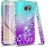 LeYi Hülle für Galaxy S6 Glitzer Handyhülle mit Panzerfolie Schutzfolie(2 Stück),Cover Diamond Rhinestone Bumper Schutzhülle Case für Samsung Galaxy S6 Handy Hüllen Gradient Turquoise Purple