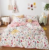 GETIYA Blumen Bettwäsche 135x200 Baumwolle Romantisch Blümchen Bettwaesche Damen Mädchen Set 2 Teilig mit Reißverschluss und 1 Kissenbezug 80x80 Rosa Weiß Wendebettwäsche Einzelbett