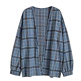 ZAFUL Damen Plaid Langarm Button Down Wollmischung Hemd Jacke Bluse - Blau - Groß