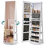 SONGMICS Schmuckschrank, Spiegelschrank, mit rahmenlosem Ganzkörperspiegel, 3 Ablagen, 360° drehbar, abschließbar, Weihnachten, Weiß-Schwarz JJC007W01