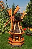 Windmühle aus Holz, kugelgelagert 1,0 m Bitum dunkel mit Beleuchtung Solar, Solarbeleuchtung, mit extra Windrad hinten am Kopf, imprägniert, Kugellager einstellbar, Gartenwindmühle, Windmühlen