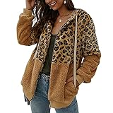 ABINGOO Damen Kapuzenjacke Warm Mantel Teddy-Fleece Plüschjacke Leopard Casuale Zip Hoodie Cardigan Outwear(Braun,S).