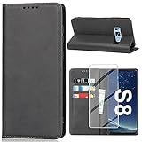 Handyhülle für Samsung Galaxy S8 Hülle mit Schutzfolie, Schutzhülle Galaxy S8 PU Leder Wallet Kartenfach Ständer Klapphülle Lederhüllen Case für Samsung S8 Tache Cover (Schwarz)