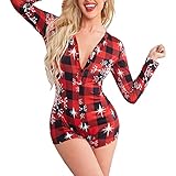 Damen Weihnachtsstrampler, einteilig, bedruckt, figurbetont, kurzer Overall, sexy, tiefer V-Ausschnitt, einteiliger Pyjama-Overall, Rot kariert #1, 38