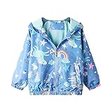 Domueay Jacke für Kinder Mädchen Kapuzen Outdoor Sport Windjacke Wind und Wasserdicht Mantel Sommer Frühling Herbst Licht Übergangsjacke Wanderjacke Outwear Jacken 3-4 Jahre, Blau Regenbogen Pferd