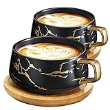 VETIN 2 Stücke Cappuccino Tassen mit Unterteller, Tasse Marmor, 300 ml Espressotassen aus Porzellan für Tee Kaffee Cappuccino, Kaffee-Tassen mit Holzscheibe (Schwarz*2)