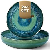 Palmer tiefe Teller-Set Miami, 2 x Pastasteller aus Steingut Ø 22 cm, Teller grün-blau, spülmaschinenfest - Modernes Steingut Geschirr ofen- & mikrowellenfest