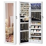 SONGMICS Schmuckschrank hängend, Wandspiegel, 6 LED-Glühbirnen, abschließbarer Spiegelschrank, Wandschrank, Wandmontage, an der Tür hängend, Weihnachten, weiß mit Holzmaserung JBC93W