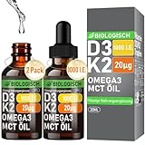 Vitamin D3 K2 Tropfen, hochdosiert, vegan, 1000 IE Vitamin D, 20µg Vitamin K2, 2 x 30ml