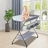 DSYOGX Wickeltisch Klappbar, Tragbare Mobiler Klappbarer Wickelkommode mit 4X Universal-Räder, Baby Wickelkombi für Babys im Alter von 0-1 Jahren, Bis von 25kg, Grau