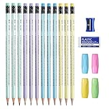 OFFCUP Dreikant Bleistifte Kinder, 12pcs Graphitstift rutschfest mit 4 Schreibhilfe & Bleistiftspitzer Radiergummi, HB Bleistifte Schreiben Zeichenwerkzeuge für Prüfungen, Schule