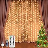 Jsdoin Vorhanglicht 3m x 3m 300LED Licht mit 8-Mode Fernbedienung Timer einstellbare Helligkeit, Schlafzimmer, Garten, Party, Hochzeit, Vorhang Elfen Licht (warm weiß)