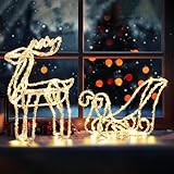 Quntis 100 LED Rentier mit Schlitten, 35cm hohe Weihnachtsdeko Außen Innen Warmweiß Klein, Weihnachtsbeleuchtung Figuren Timer, Lichtschlauch Outdoor Strombetrieben Garten Hof Zimmer Tisch Fensterbank