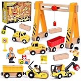 Herenear Baufahrzeuge Kinder Holzspielzeug, Baustelle Kinder, Holz Konstruktions Fahrzeuge Geschenk, Baukästen aus Holz mit Portalkran, Kranwagen, Straßenwalze, Kran, Bagger Spielzeug