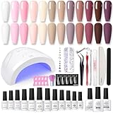 BORN PERTTY 47PCS Gelnägel Starterset Nagelset Nudefarben Weiß Rosa 48W UV LED Lampe UV Nagellack Set mit UV Lampe Shellac Set Starterset Top Coat Base Gel Gelnägel Starterset Maniküre Set Komplett