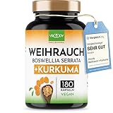 Weihrauch Kurkuma Vergleichssieger, 180 Kapseln hochdosiert Boswellia Serrata 2000mg, 85% Boswelliasäure, 500mg CURCUMA, 95% Curcuminoide Tagesdosis, ohne Zusätze oder chemische Entzündungshemmer