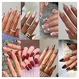 XYUH 8 Packungen (192 Stück) Künstliche Nägel, Nägel Zum Aufkleben, Press On Nails, Fake Nails, Mandelquadrate und Französische Kurze Künstliche Nägel, Nagelset für Frauen und Mädchen