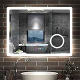 Aica Sanitär LED Badspiegel 80×60cm 3 Lichtfarbe 2700-6500K Wandspiegel mit Uhr, Touch, Beschlagfrei,3-Fach Vergrößerung Schminkspiegel IP44 Kalt/Neutral/Warmweiß energiesparend