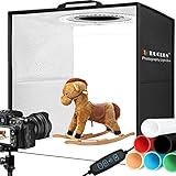 DUCLUS Fotobox zum Fotografieren, 30x30 cm Photobox zum Produktfotografie, Faltbare Mini Fotostudio Set mit Dimmbare 112 LEDs, 6 Glänzende Hintergründe für Lichtzelt zum Schmuck Kleine Gegenstände