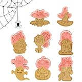 8 Stück Halloween-Ausstechformen und Stempel, Kunststoff-Halloween-Ausstechformen-Set, 3D Halloween Keksausstecher, Fledermaus, Geist, Kürbis, Gebäckausstecher, Backen Zubehör für DIY Süßigkeiten Keks