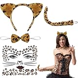 iZoeL Halloween Leoparden Kostüm Damen Kinder, Leoparden Ohren Haarreif Leoparden Schwanz Fliege Gesichtstattoo Tier kostüm Accessorie Halloween Karneval Mottoparty Damen Kinder Kostüm