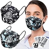 JIOJIG Fischform FFP2 Masken Bunt 30 Stück mit 30 Maskenhaken,CE 2834 Maske Schwarz mit Muster, Mode Farbig Atemschutzmaske, Staubschut Mund Nasen Schutz Mann Frau Mundschutz FFP2 Komfortable