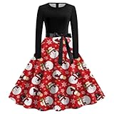 Weihnachtskleid Damen, Weihnachts Halloween Kleid, Langarm Mit Schneeflocke Weinglas Bedruckt Weihnachtskleid A-Linie Knielang Hohe Taille Seil Weihnachts Kleid Weihnachts Elegant Großen Rock Kleid