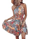 Yeenily Sommerkleid Damen Ärmellos Knielang Kleider Freizeit Elegant Neckholder Strandkleid Sexy Casual Sommer Minikleid (Khaki, S)