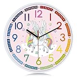 Lafocuse Kinder Wanduhr Lautlos Einhorn, Bunt Ziffern Kreativ Einfach zu Lesen, Rosa Lernuhr für Mädchen und Jungen, Ohne Ticken für Kinderzimmer Kindergarten Schule 30cm