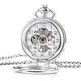 TREEWETO Unisex Taschenuhr mit Kette Analog Handaufzug Stehende Lupe Skelett Silber