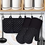 Ofenhandschuhe, SerDa-Run Ofenhandschuhe Hitzebeständig 300°C mit 2 Topflappen Silikon Topfhandschuhe Schwarz Kochhandschuhe Backofenhandschuhe Set für die Küche die Kochen Backen BBQ