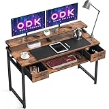 ODK Schreibtisch mit Stoff Schubladen, 120x48x87cm Computertisch mit Tastaturauszug, Gaming Schreibtisch Bürotisch mit Monitorablage PC-Tisch für Home Office, Braun