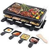 Raclette 8 Personen - Raclette Grill Antihaft Beschichtung Grillpfanne mit 8 Mini Raclette Pfännchen und 4 Holzspatel Raklettgerät, 1300W