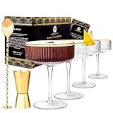 Luxus Geriffelte Martini Gläser Cocktailgläser Set von 4 mit Gold Rändern | Gold Cocktail Löffel, Ausgießer, Rezept e-Book | Champagner Gläser | Cocktails Glas| Coktailgläser- set | cocktailglas