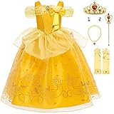 KANDEMY Mädchen Prinzessin Aurora Kostüm Dornröschen Kleid Belle Kostüm Prinzessinnen Kleider Kinder Geburtstag Fasching Karneval Kostüme Cosplay Verkleidung Party Gelb 110